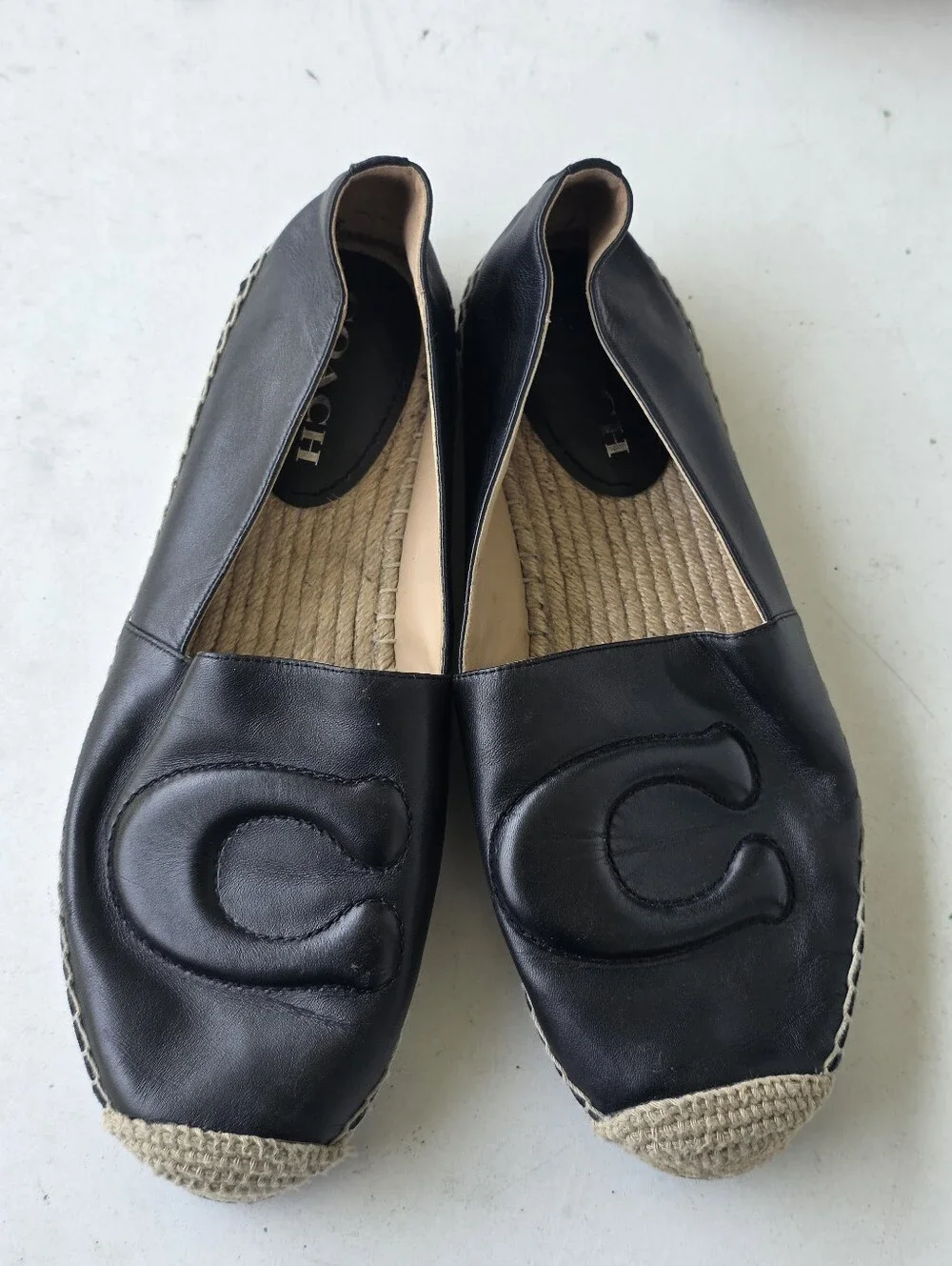 Coach Black Leather C Logo Espadrille Flats Loafers Shoes Size 9.5 Casual